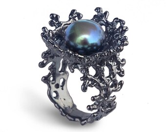 CORAL FLOWER Black Pearl Ring, Black Ring, Black Engagement Ring, Black Pearl Engagement Ring, Alternative Flower Ring, Mothers Day Gift