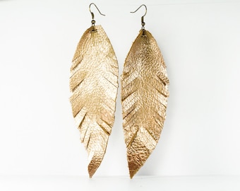 Leather Feather Earrings - Extra Long - Rose Gold