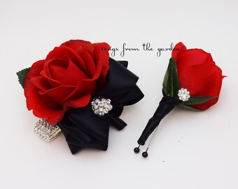Corsage Black and Red with Rhinestones Real Touch Rose Wedding Boutonniere Wedding Corsage Mother of the Bride Father Flowers Prom Corsage