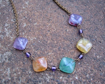 Eco-Friendly Statement Necklace - Paradiso - Recycled Vintage Brass Chain with Clasp and Colorful Faux Gemstone and Purple Glass Beads