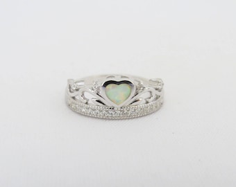 Vintage Sterling Silver Inlay Fire Opal & White Topaz Crown Ring Size 9
