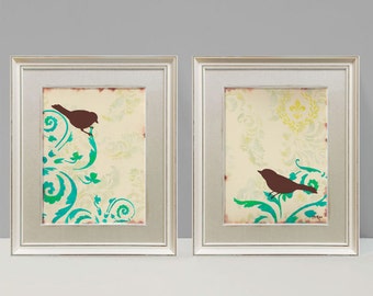 Love Bird Prints, Cottage Chic Shabby, Damask wall decor, Large Prints, Set of Two, 9 x 12 inches