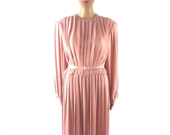 Vintage Pink Pleated long Sleeve Mid-Calf Dress, size Large