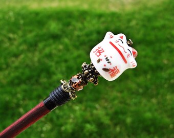 Long wooden japanese hair stick - maneki neko fortune lucky cat ceramic bead with fine cut crystal - kanzashi, hair pin, ornament chopstick
