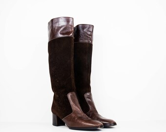 Vintage Chocolate Brown Leather & Suede Knee High Boots size 8N US Womens