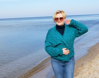 Open cardigan, SLOUCHY warm sweater,Classic form, cardigan, boho style, very soft wool, oversize,S-L, deep emerald, 100% wool