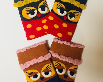 Colorful owl fingerless mittens