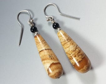 Beautiful Large Picture Jasper and Sterling Silver Teardrop Earrings with Black Onyx