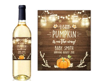 Wine bottle labels fall pregnancy annoucement little pumpkin pregnancy wine label Rustic wood baby announcement grandparents PRINTABLE rlw