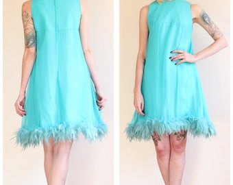 1960s Dress // Teal Feather Party Dress // vintage 60s dress