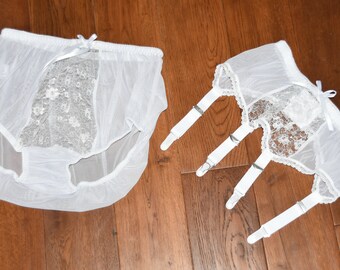 Panty & suspender belt set, sheer white, so soft, 36/40" size, Sissy Lingerie