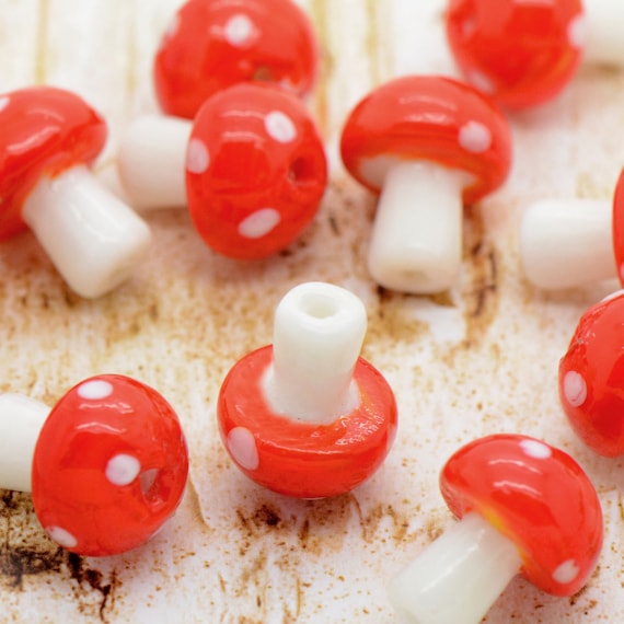 6 Red Mushroom Beads Lampwork Glass Beads Jewelry Making