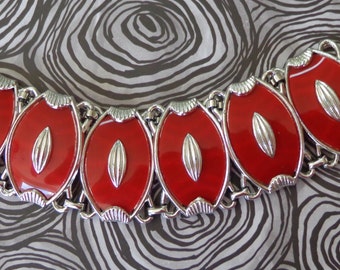 Vintage Red Thermoset Panel Bracelet Silver Tone VIBRANT