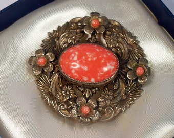 Early Vintage, Silver Tone, Filigree, Cabochon Brooch (2462)
