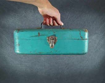 vintage Metal Tool Box Turquoise Blue Industrial Storage Box Heavy Duty Utility Box