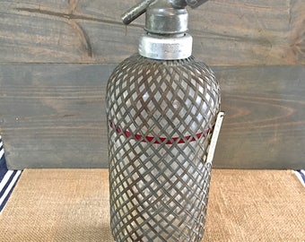 Vintage Seltzer Bottle- Clear with Gray Woven covering