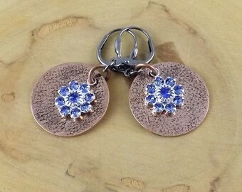 Sapphire Blue Copper Eclipse hand textured copper and Swarovski crystal gunmetal leverback earrings