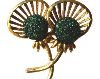 Vintage 1950's Green Rhinestone Flower Brooch