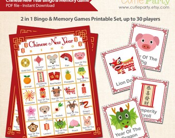 Chinese New Year Bingo & Memory Game, Printable Chinese New Year Bingo Game, 2 in 1 Lunar New Year Party Game Bingo and Memory Game