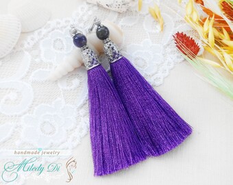 Tassel earrings Amethyst jewelry Beauty gift for best friend Long earrings Purple jewelry Christmas mum gift Wedding earrings Fringe jewelry