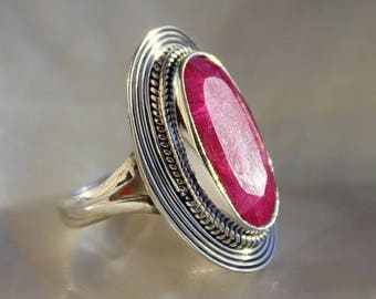 Faceted Ruby Red crimp ring silver