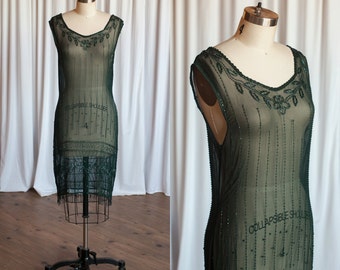 Nuit de Foret dress | vintage 20s dress | 1920s sheer beaded dress | forest green beaded chiffon 20s dress | 1920s flapper party holiday