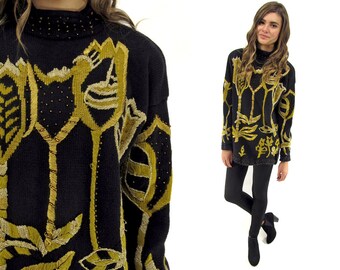 On Sale - Vintage Embroidered Sweater, Floral Embroidered Tunic Sweater, Beaded Sweater, Long Sweater, Vintage 80s Sweater Δ size: xs / sm