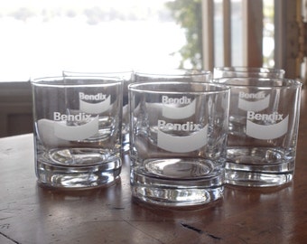 6 Bendix logo rocks glasses, vintage drinking glasses, lowball, old fashioned tumblers, brakes, South Bend Indiana, barware, frosted, etched