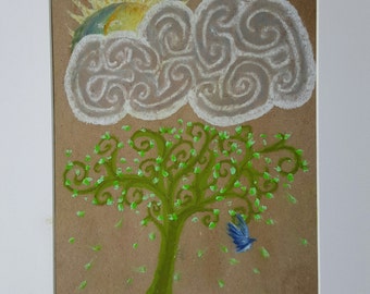 nature art - ground air sky - oil pastel painting - whimsical tree clouds