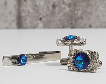 Brilliant Men's Cufflinks & Tie Clip with Faux Blue Topaz/Crystal or Rhinestone in Textured Silver Tone Setting, Bullet Backs, Gift For Him