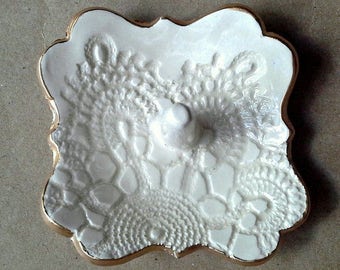 Ceramic Ring Holder Dish OFF WHITE lace edged in gold ring holder