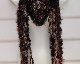 Scarf Shawl Handknitted Multi Yarn Scarf Fringed Highly textured Airy Black/Brown Scarf