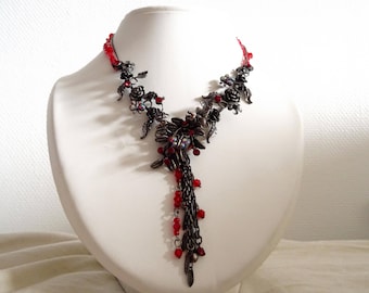 Necklace vintage costume, rococo, baroque silver pearls and Red rhinestones