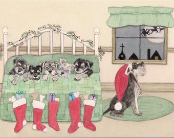 Christmas cards: Schnauzer family snug in bed on Xmas eve / Lynch folk art
