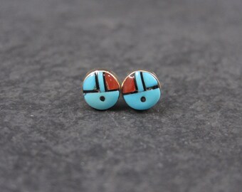 Vintage 14K Zuni Inlaid Sunface Stud Earrings