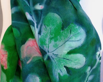 silk scarf long large crepe Hollyhock hand painted emerald green pink floral unique wearable art women wrap shawl luxury