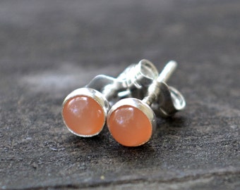 peach moonstone and sterling silver tiny stud earrings