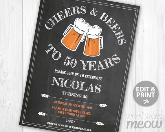 Cheers and Beers to 50 Years Invitation Chalk Board 50th