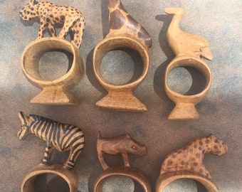 Hand Carved Wood Animals - Set 12 - Hand Carved African Animal Napkin Rings - Vintage Wood Animals - Made in Kenya - Safari Animals - Dining