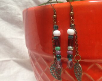 Purple and Teal Leaf Dang!y Earrings