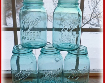 5 Blue Ball Mason Jars QUART Size Vintage