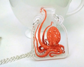 Curious Kracken Octopus in a Bottle clear acrylic charm necklace