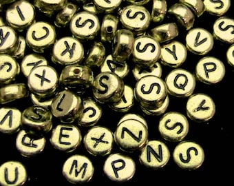 100 Gold Alphabet Beads - 7mm Round Letter Beads