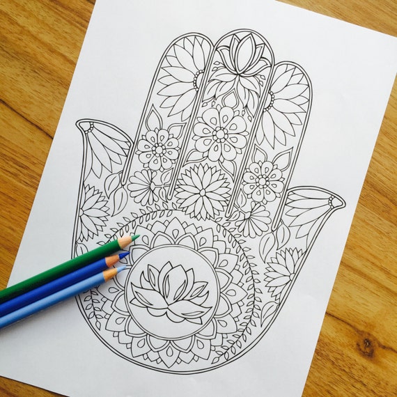 Hamsa Lotus Hand Drawn Adult Colouring Print