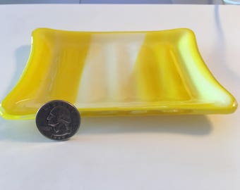 Fused glass yellow and white soap dish or spoon rest