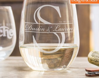 Personalized Wine Glasses, Wedding Gift, Etched Wine Glasses, Anniversary Gift For Women, Monogram Wine Glass, Stemless Wine Glass