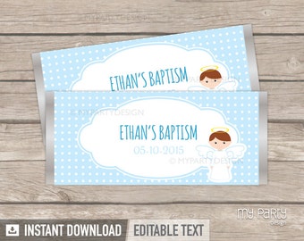 Baptism Chocolate Wrappers - Blue Angel Party - Christening - Communion - INSTANT DOWNLOAD - Printable PDF with Editable Text