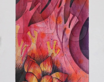 Matted Mixed Media Illustration of Flower on Abstract Background