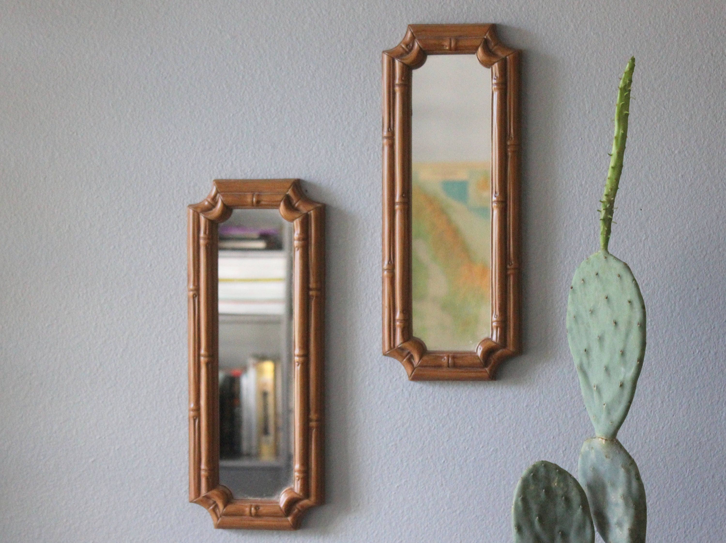 Pair Of Hollywood Regency Faux Bamboo Mirror Set Wall Hanging