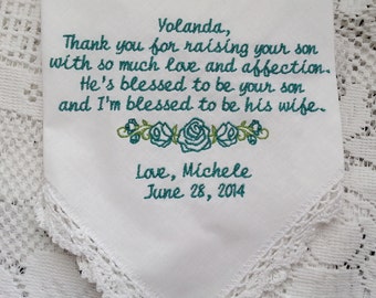 Gift To Groom's Mother From Bride- Embroidered Handkerchief Choose Your Wording and Design